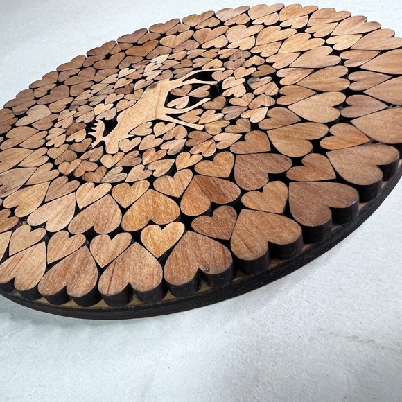 Wooden Moose & Heart Trivet Round Carved Wood Hot Plate Scandinavian Style - Picture 2 of 5